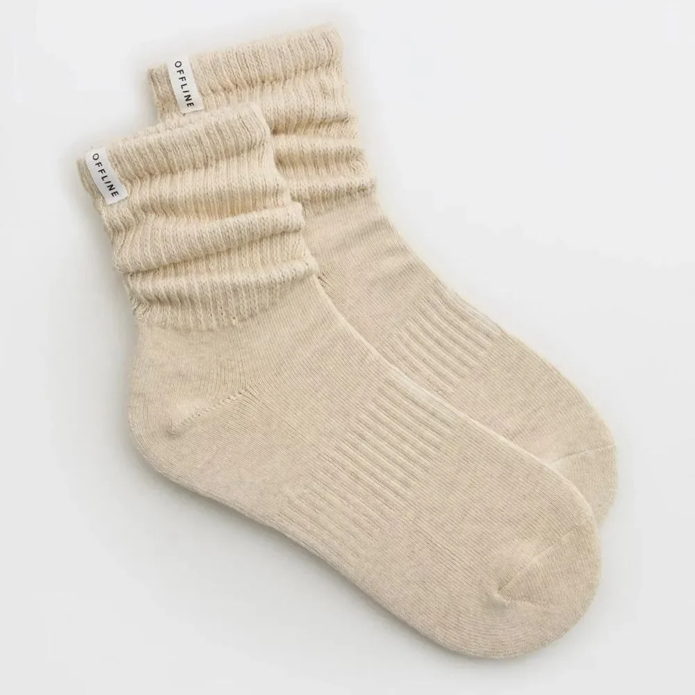 OFFLINE Heather Frost Cream Tan Short Scrunch Tab Logo Cotton Socks